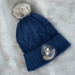 Navy Blue Small Knit equestrian Beanie with Faux Fur Pom